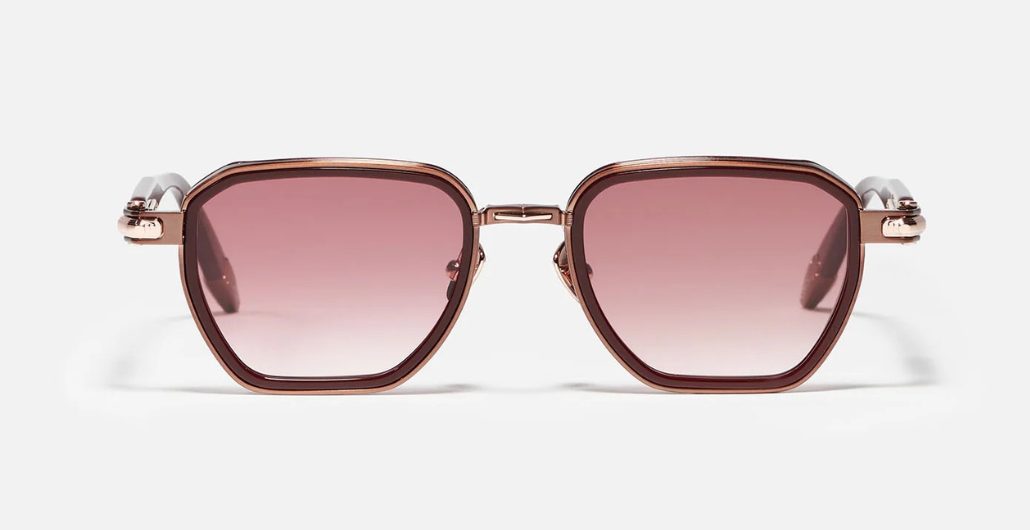 John Dalia Richy | C460 - Luxussonnenbrille mit roségoldenem Rahmen und rot Gläsern, eckige Gläser aus Acetat &amp; Titan