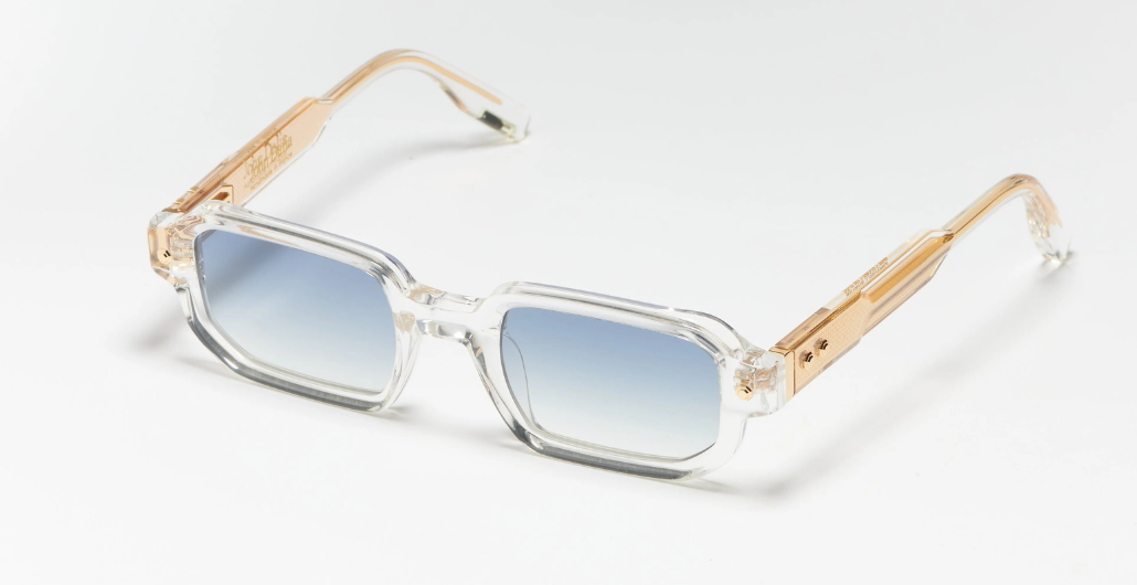 John Dalia P19 | C190 - Luxussonnenbrille mit transparentem Rahmen und blauen Gläsern. Eckig und aus Acetat