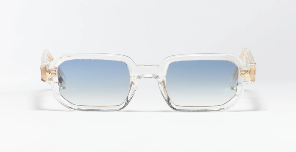 John Dalia P19 | C190 - Luxussonnenbrille mit transparentem Rahmen und blauen Gläsern. Eckig und aus Acetat