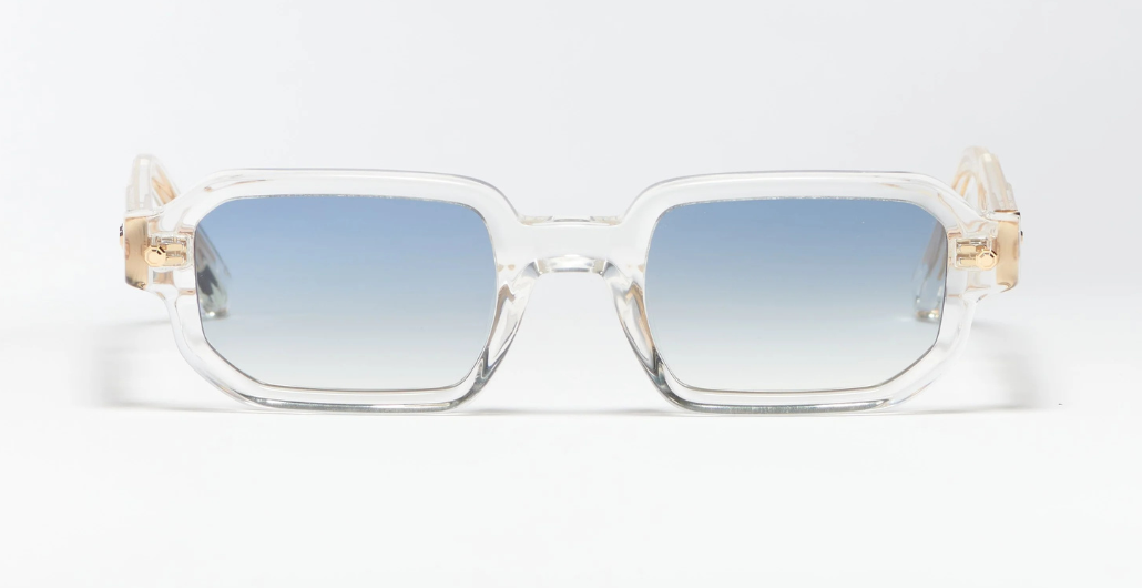 John Dalia P16 | C190 (47) - Luxussonnenbrille mit transparentem Rahmen und blauen Gläsern in Eckig.