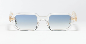 John Dalia P16 | C190 (47) - Luxussonnenbrille mit transparentem Rahmen und blauen Gläsern in Eckig.