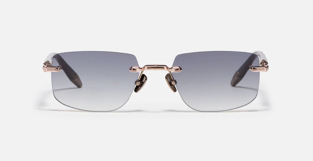 John Dalia R04 | C440 - Luxussonnenbrille mit roségoldenem Rahmen und grauen Gläsern.