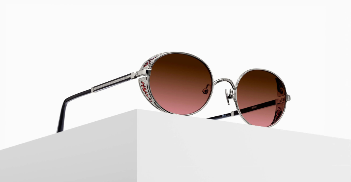 Matsuda M3137 Palladium White - Red - Luxussonnenbrille mit silbernem Rahmen und roten Gläsern handgemacht in Japan 