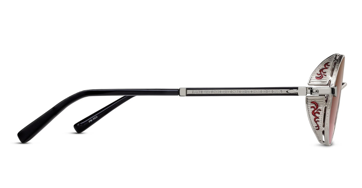Matsuda M3137 Palladium White - Red - Luxussonnenbrille mit silbernem Rahmen und roten Gläsern handgemacht in Japan 