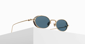 Matsuda M3169 | Brushed Gold - Luxussonnenbrille mit ovalem goldenen Rahmen und blauen Gläsern, hergestellt in Japan