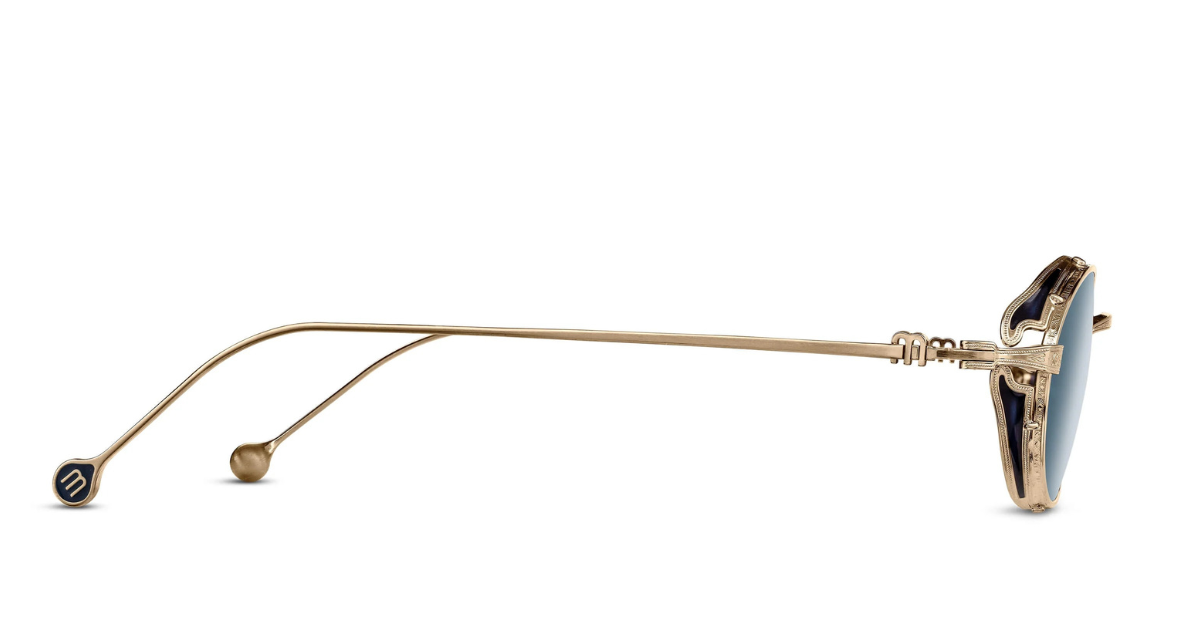 Matsuda M3169 | Brushed Gold - Luxussonnenbrille mit ovalem goldenen Rahmen und blauen Gläsern, hergestellt in Japan