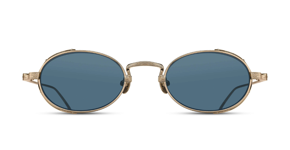 Matsuda M3169 | Brushed Gold - Luxussonnenbrille mit ovalem goldenen Rahmen und blauen Gläsern, hergestellt in Japan