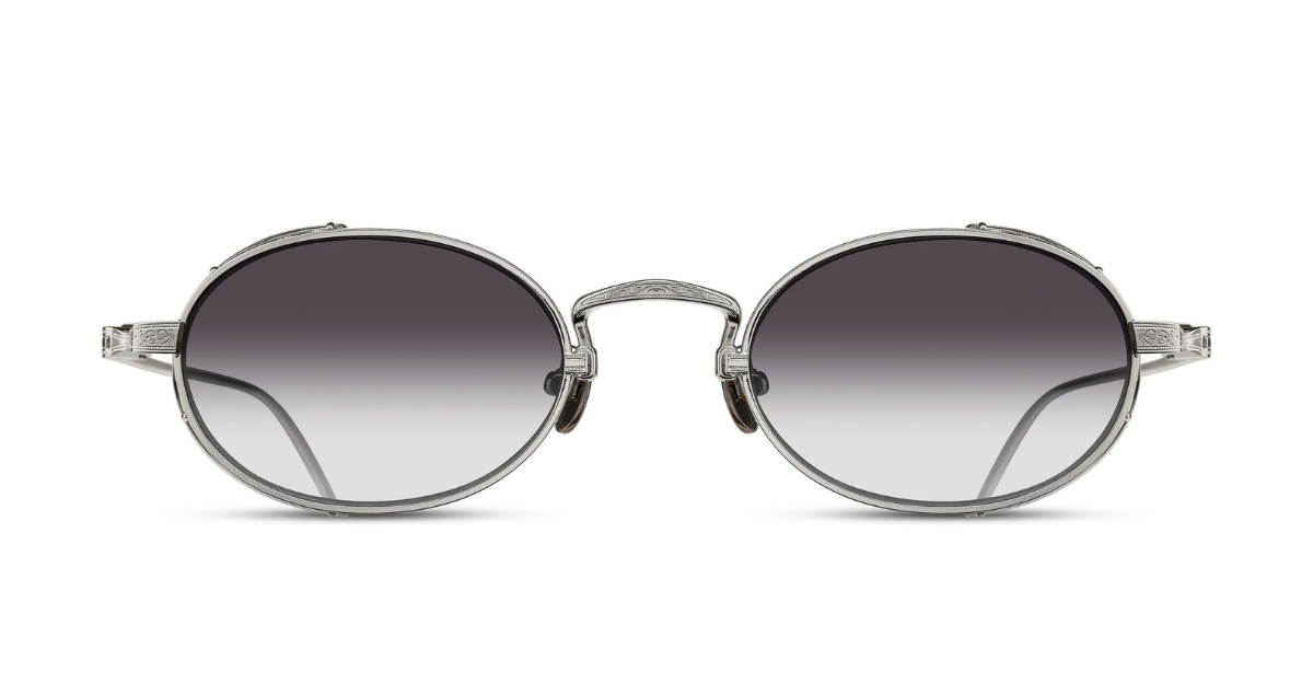 Matsuda M3169 | Palladium White - Luxussonnenbrille mit silbernem Rahmen und grauen ovalen Gläsern, hergestellt in Japan