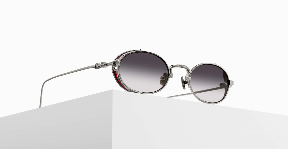 Matsuda M3169 | Palladium White - Luxussonnenbrille mit silbernem Rahmen und grauen ovalen Gläsern, hergestellt in Japan