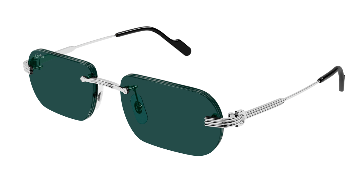 Cartier CT0577S 002 Rahmenlose Luxus-Sonnebrille in Silber mit grünen Gläsern