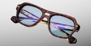 Jacques Marie Mage Tamerlis Argyle - Luxus-Sonnenbrille handgefertigt in Japan mit braunem Rahmen und blauen Gläsern