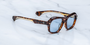 Jacques Marie Mage Tamerlis Argyle - Luxus-Sonnenbrille handgefertigt in Japan mit braunem Rahmen und blauen Gläsern