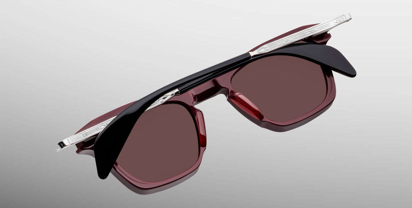 jacques marie mage kennedy bordeaux empire eckige sonnenbrille in rot und schwarz mit braunen gläsern