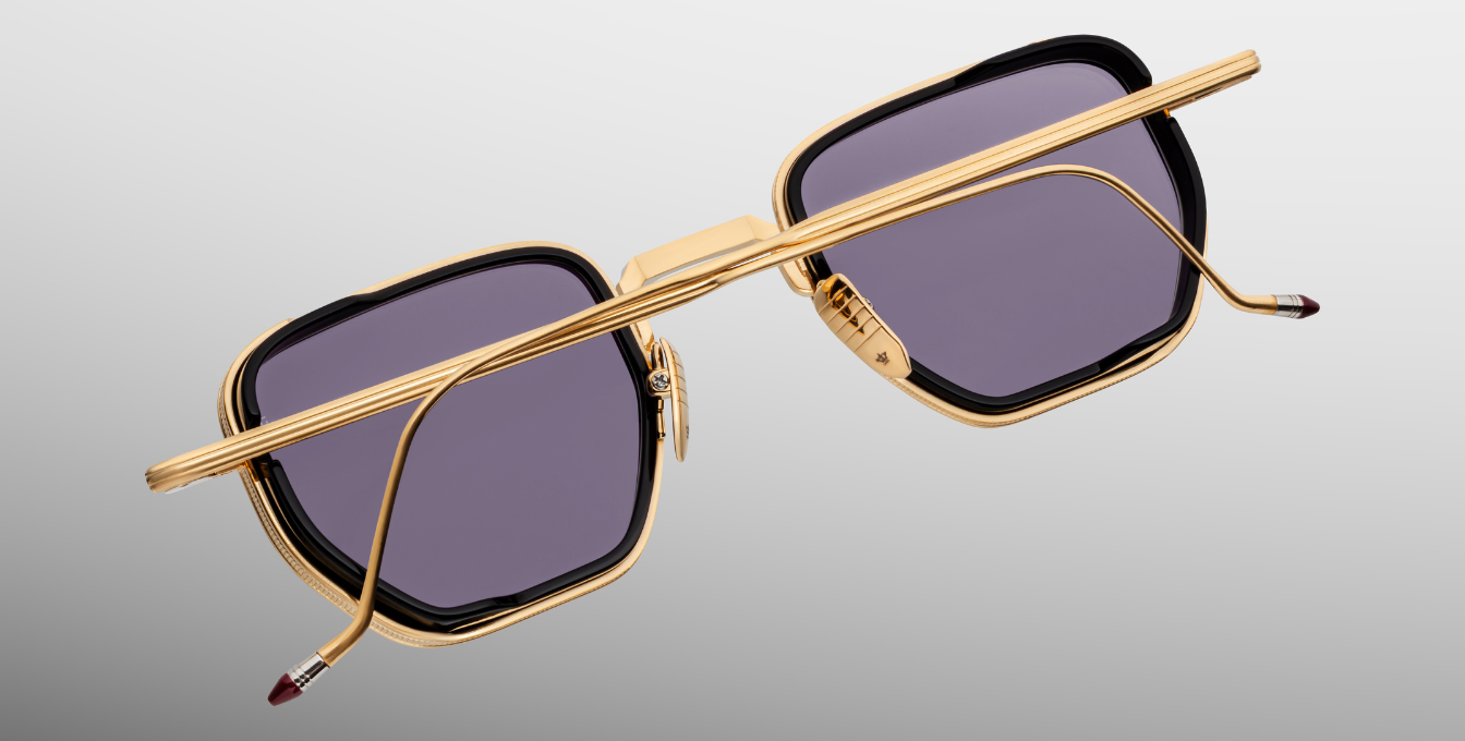 jacques marie mage atkins gold eckige sonnenbrille in gold und schwarz mit violetten gläsern