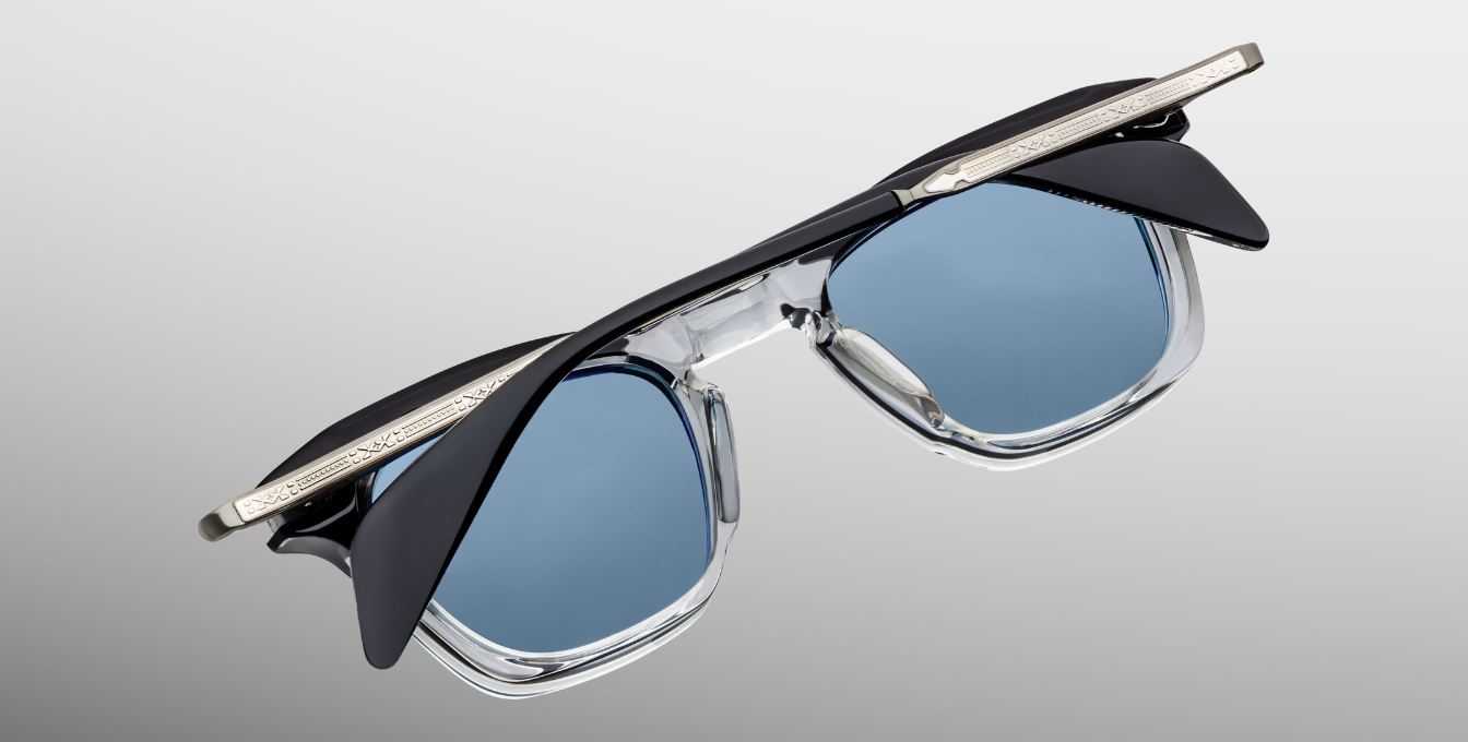 jacques marie mage kennedy sulfur eckige sonnenbrille in transparent und grau mit blauen gläsern