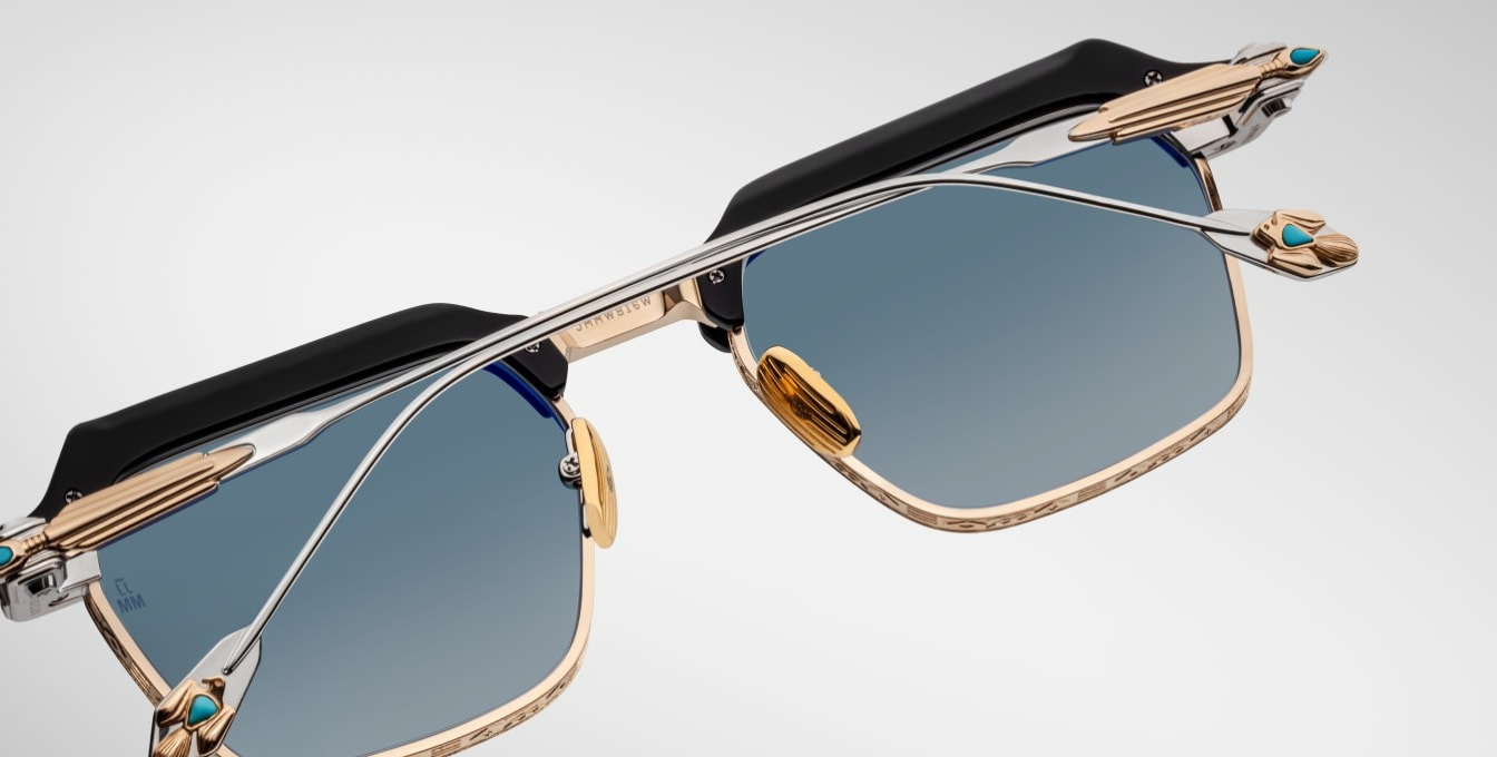 jacques marie mage last frontier worland hades eckige sonnenbrille in schwarz, silbe rund gold mit blauen gläsern