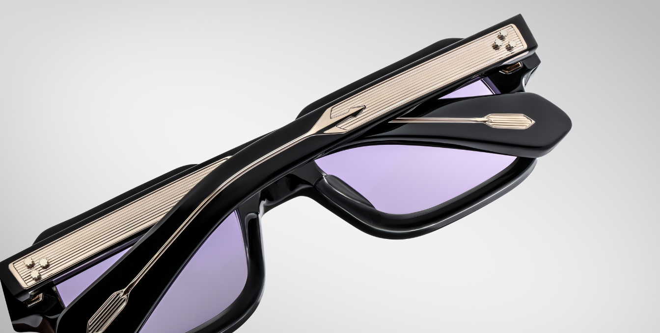 jacques marie mage sandro maverick eckige sonnenbrille in schwarz und transparent mit violetten gläsern