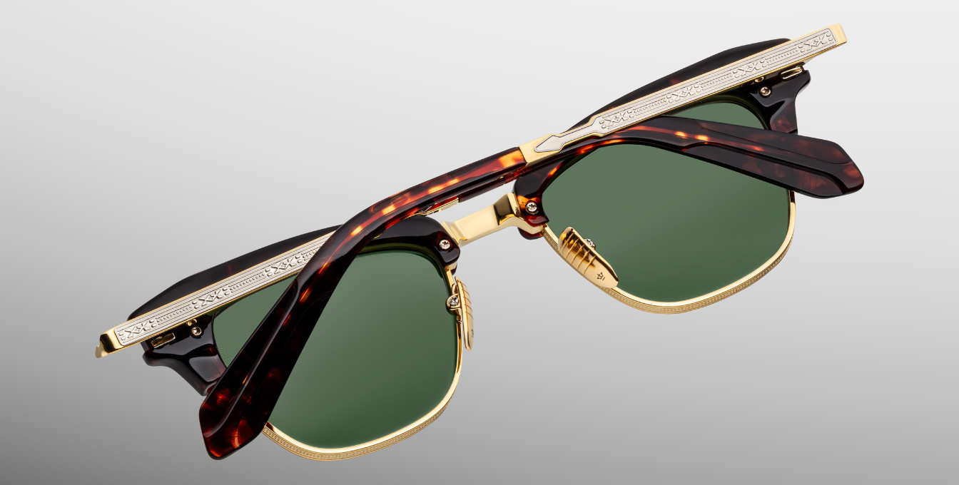jacques marie mage sartre etna cateye sonnenbrille in silber, gold und havana mit grünen gläsern