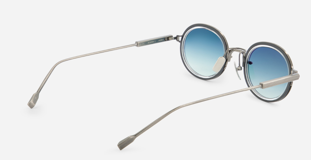 sato acamar II as/BB-1 ovale sonnenbrille aus titan in silber und schwarz mit blauen verlaufsgläsern