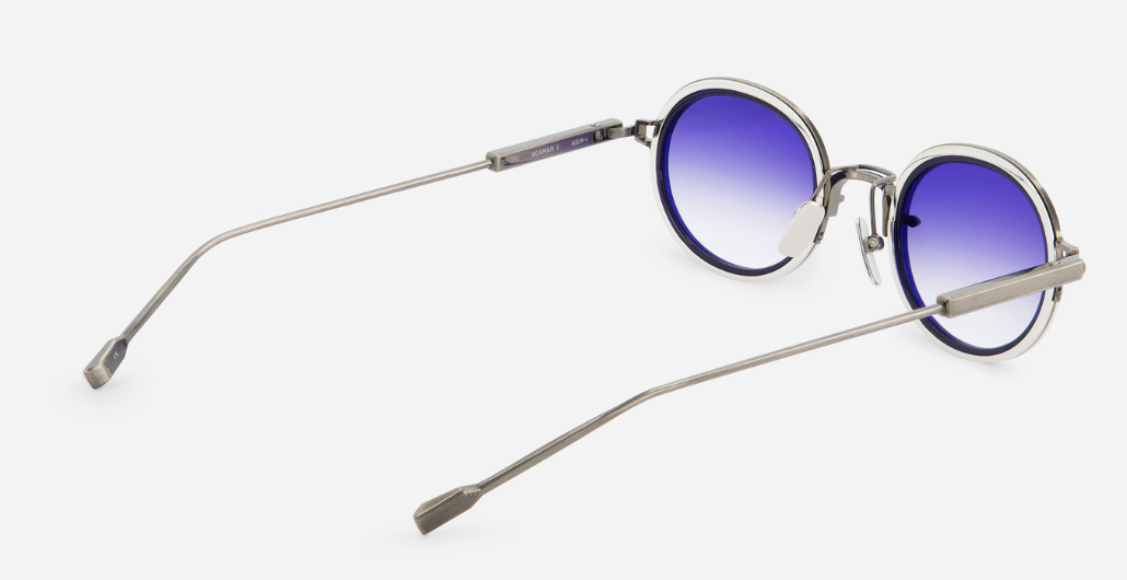 sato acamar II as/p-1 ovale sonnenbrille aus titan in silber mit blauen verlaufsgläsern