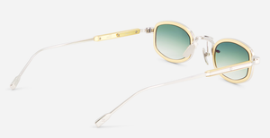 sato aquila p/yg-1 eckige sonnenbrille aus titan in platinum und gelbgold mit grünen verlaufsgläsern