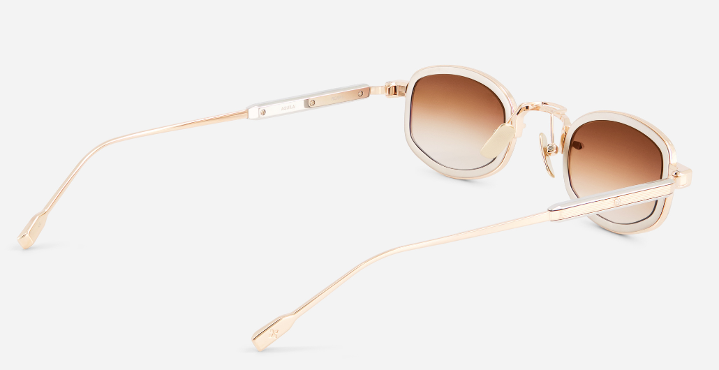 sato aquila rg/p-1 eckige sonnenbrille aus titan in rose gold und platinum mit braunen verlaufsgläsern
