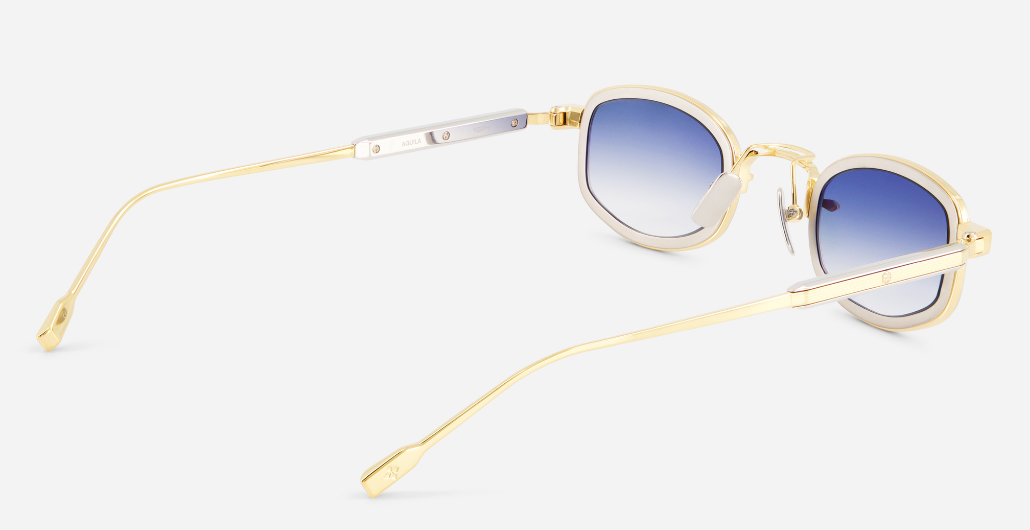 sato aquila yg/p-1 eckige sonnenbrille aus titan in gelbgold und platinum mit blauen verlaufsgläsern