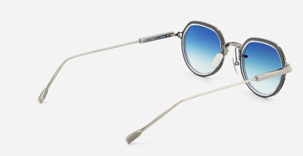 Sato Belell II AS/BB-1 pantoförmige sonnenbrille aus titan in silber und schwarz mit blauen verlaufsgläser