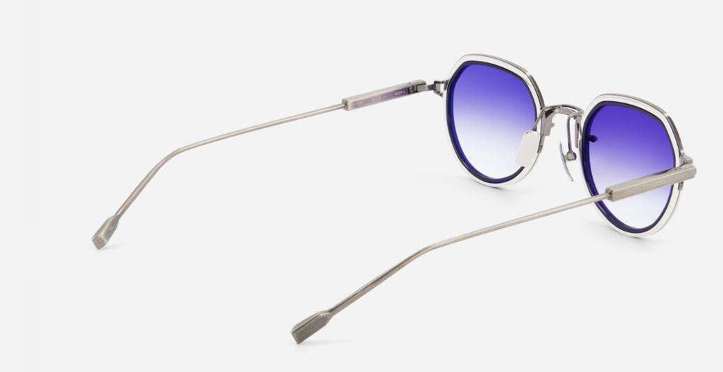sato Belell II AS/P-1 pantoförmige sonnenbrille aus titan in silber mit blauen verlaufsgläser