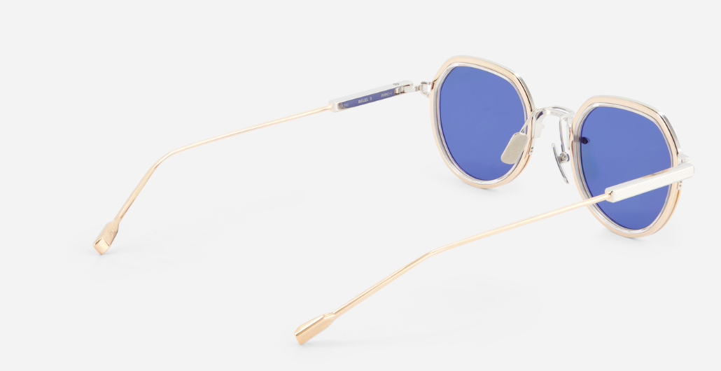 sato Belell II P/RG-1 panfoförmige sonnenbrille aus titan in silbe rund gold mit blauen gläsern