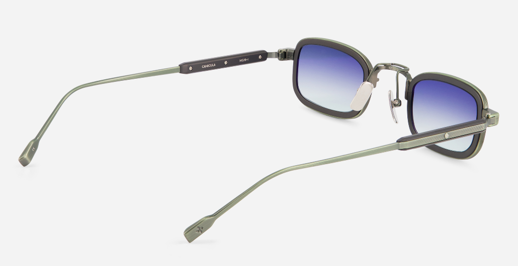 sato canicula mg/b-1 rechteckige sonnenbrille aus titan in matt grün und matt schwarz mit blauen verlaufsgläsern