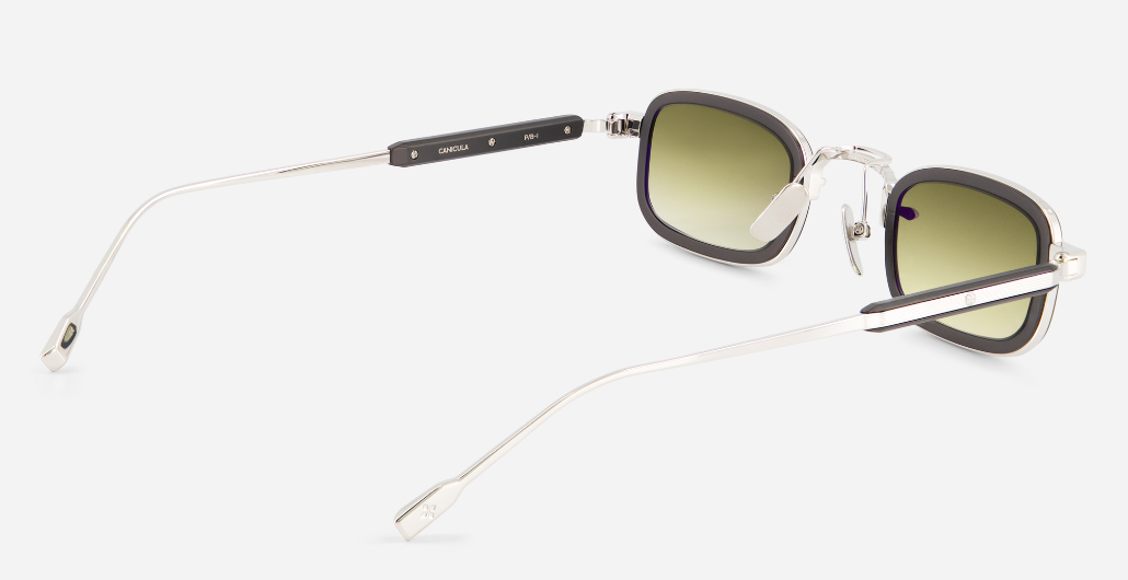 sato canicula p/b-1 rechteckige sonnenbrille aus titan in platinum und matt schwarz mit grünen verlaufsgläsern