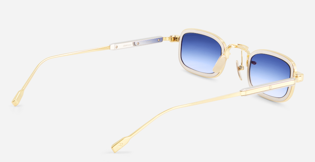 sato Canicula yg/p-1 rechteckige sonnenbrille aus titan in gelbgold und platinum mit blauen verlaufsgläsern