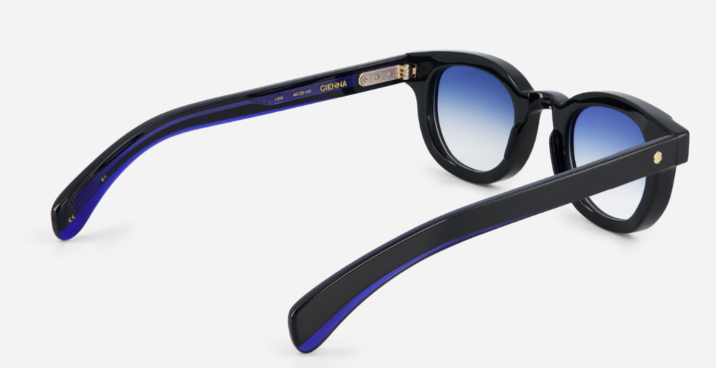 sato gienna E-1 pantoförmige acetat sonnenbrille in schwarz mit blauen verlausfgläsern