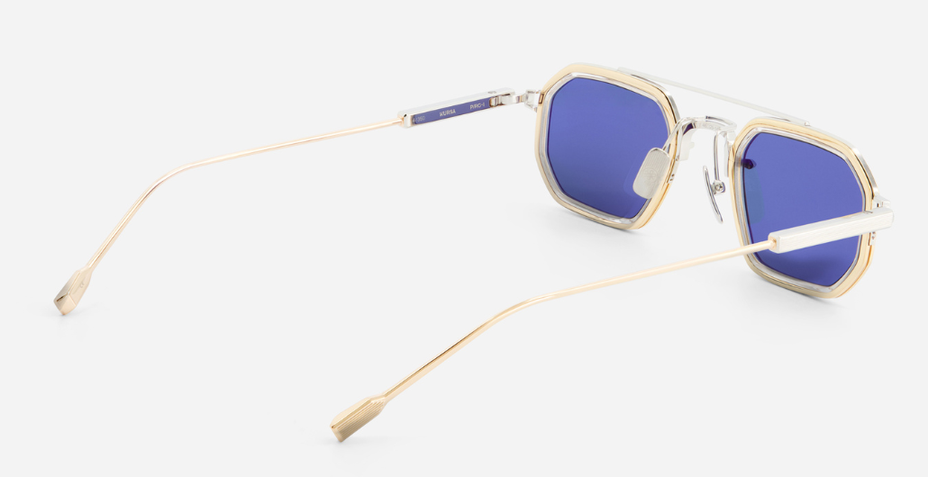 sato kursa p/rg-1 rechteckige sonnenbrille mit doppelsteg aus titan in silber und rosegold mit blauen gläsern