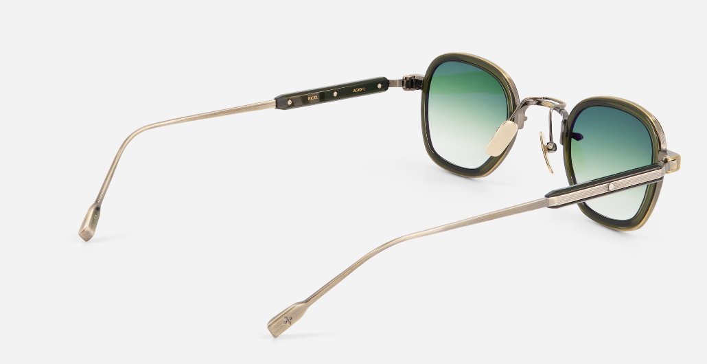 sato rigel ag/o-1 eckige sonnenbrille aus titan und acetat in gold und olive mit grünen verlaufsgläsern