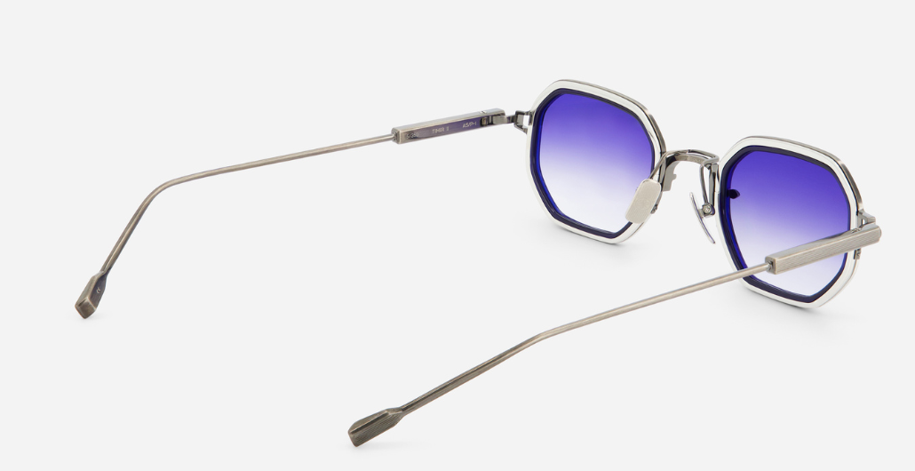 sato Timir II | AS/P-1 rechteckige sonnenbrille aus titan in silber mit blauen verlaufsgläser