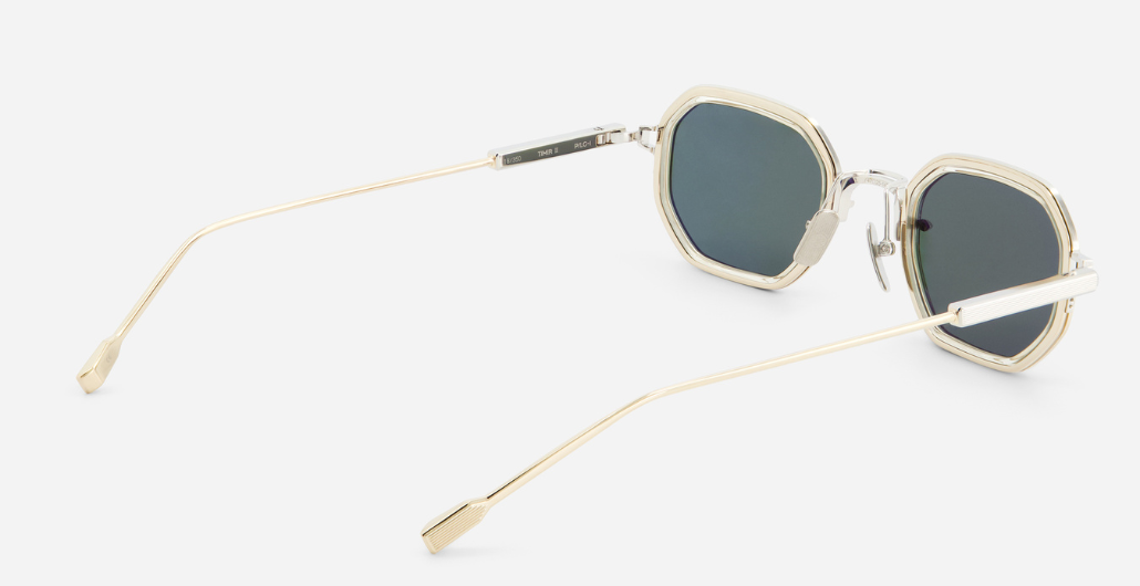 sato timir II p/lg-1 rechteckige sonnenbrille aus titan in silber und gold mit grau grünen gläsern