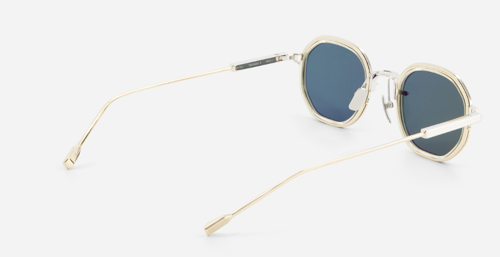 sato toliman II p/lg-1 eckige sonnenbrille aus titan in silber und gold und grau grünen gläsern
