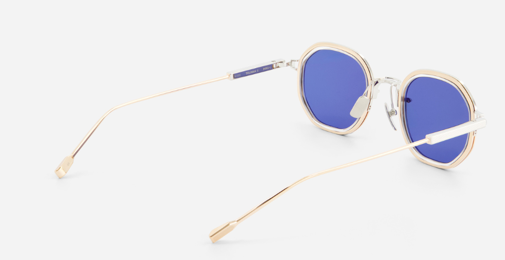 sato Toliman II | P/RG-1 eckige sonnenbrille aus titan in silber und gold mit blauen gläsern