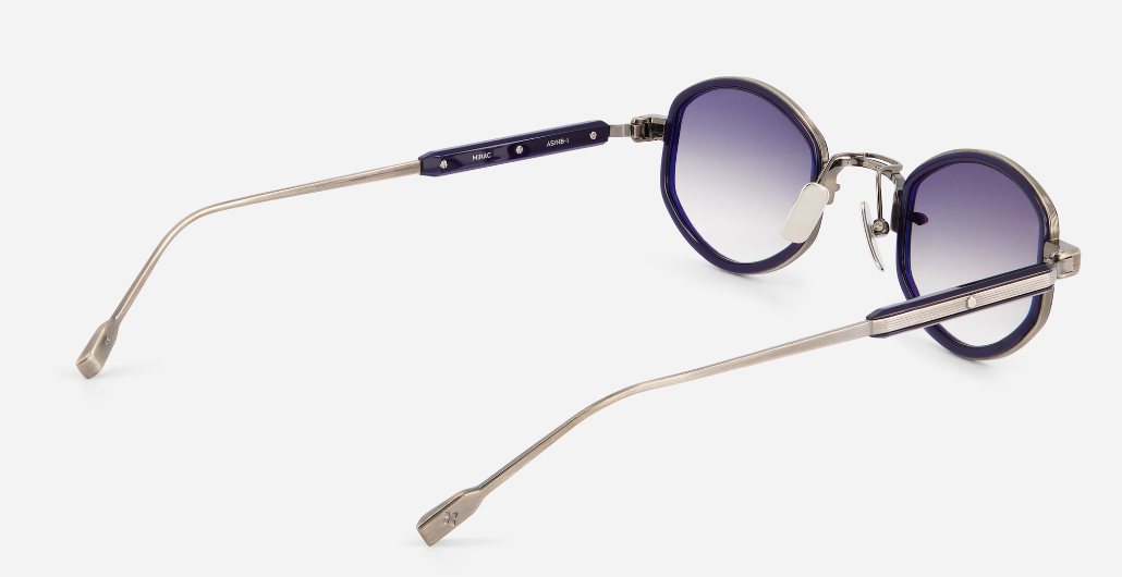 sato mirac as/nd-1 ovale sonnenbrille aus titan in antique silber und navy blau mit grauen verlaufsgläsern