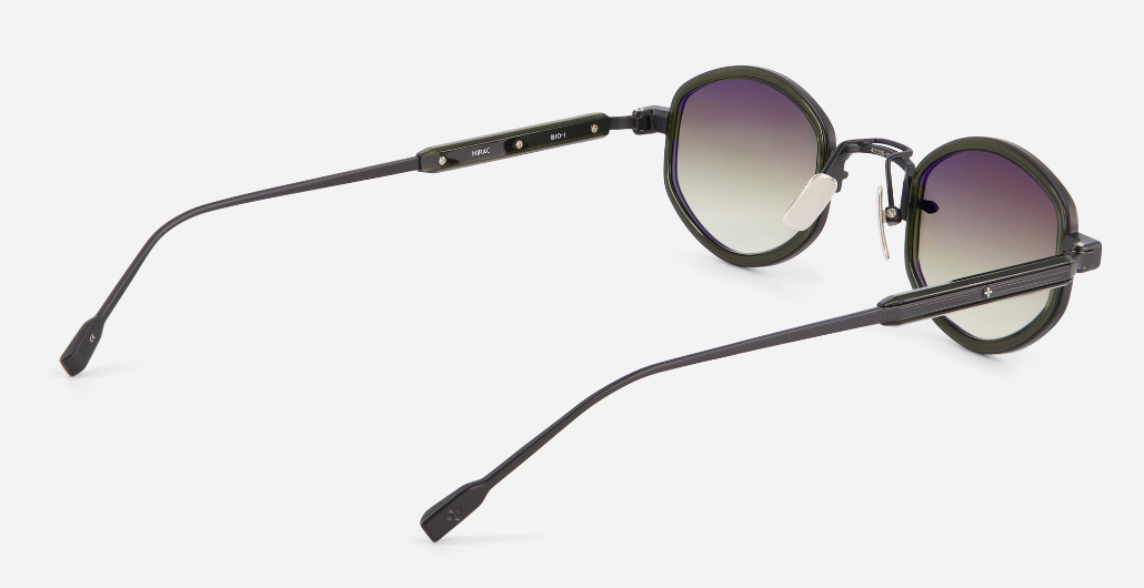 sato mirac b/o-1 ovale sonnenbrille aus titan in matt schwarz & olive mit olive farbenen Verlaufsgläsern