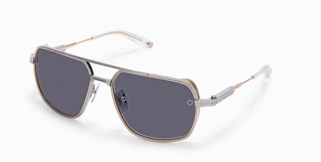 akoni pathfinder brushed black palladium and gold eckige aviator sonnenbrille in silber und gold mit grauen gläsern
