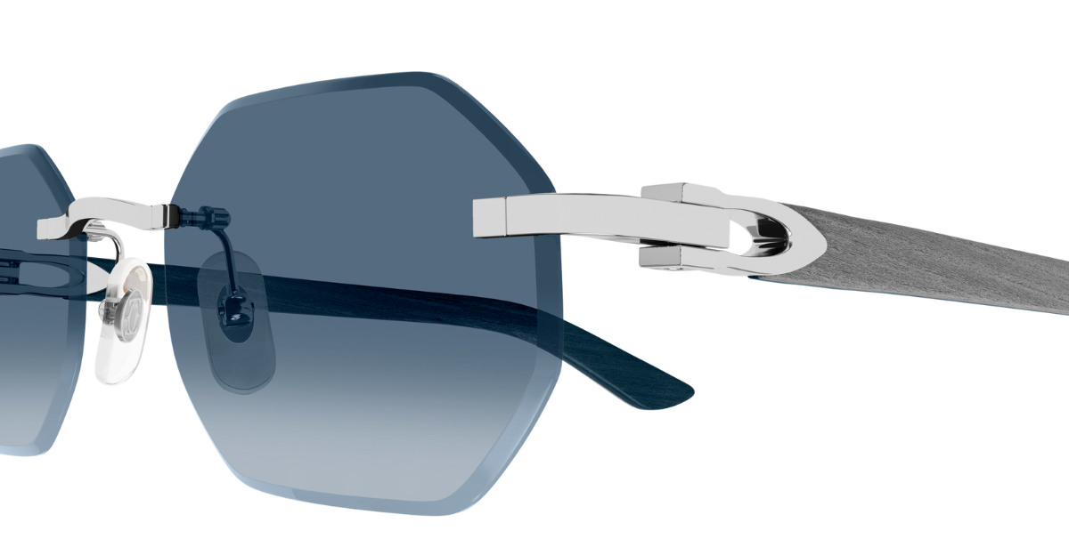 cartier 0439s 007 eckige randlose sonnenbrille in silber mit blauen gläsern