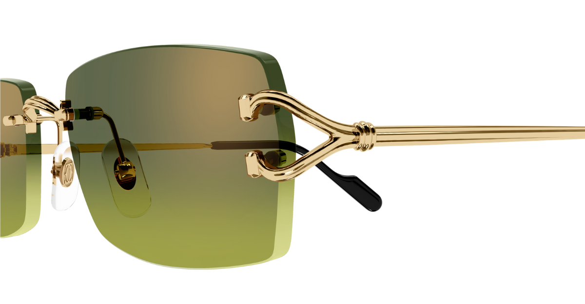 cartier 0550s 006 eckige, randlose sonnenbrille in gold mit grünen gläsern
