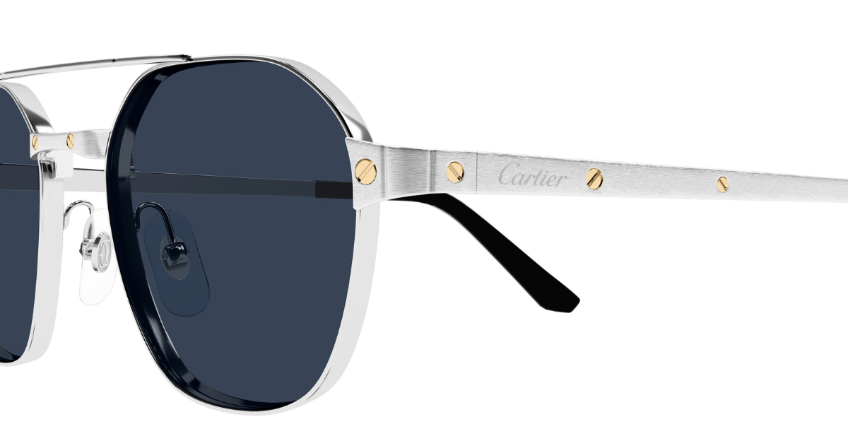cartier 0571s 002 eckige sonnenbrille in silber mit blauen gläsern