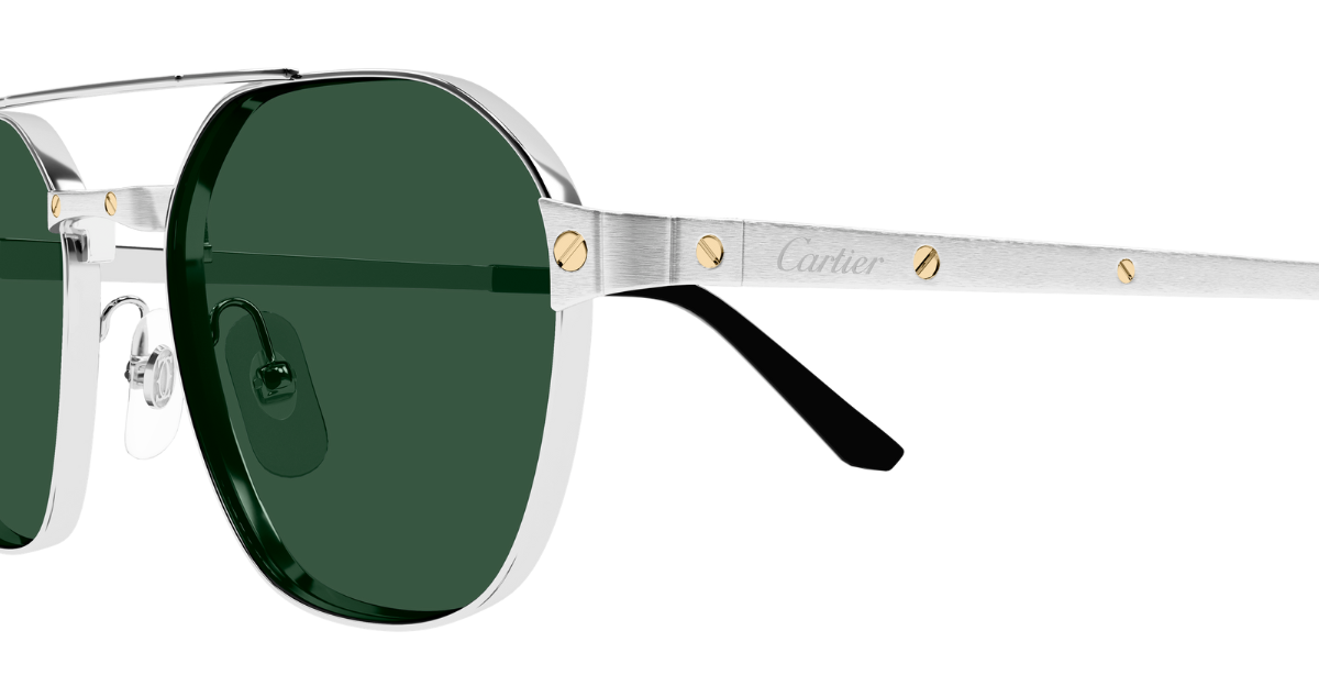 cartier 0571s 003 eckige sonnebrille in silber mit grünen gläsern