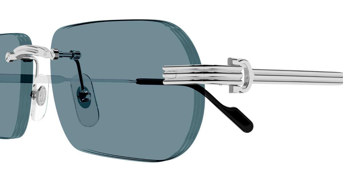 cartier 0577s 006 eckige, rahmenlose sonnenbrille in silber mit blauen gläsern