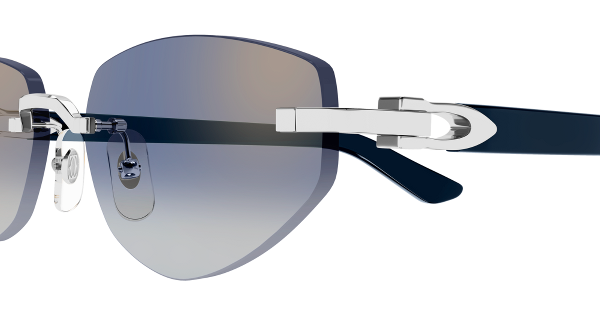 cartier 0580s 004 randlose sonnenbrille in silber und blau mit blauen gläsern