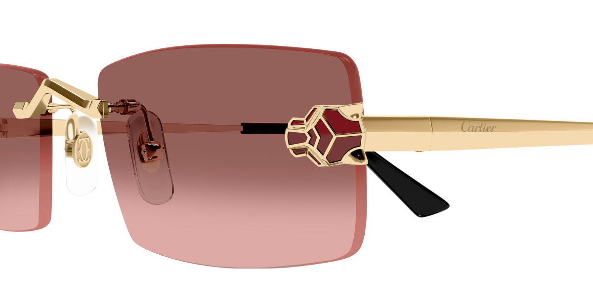 cartier 0598s 004 eckige rahmenlose sonnenbrille in gold mit roten gläsern